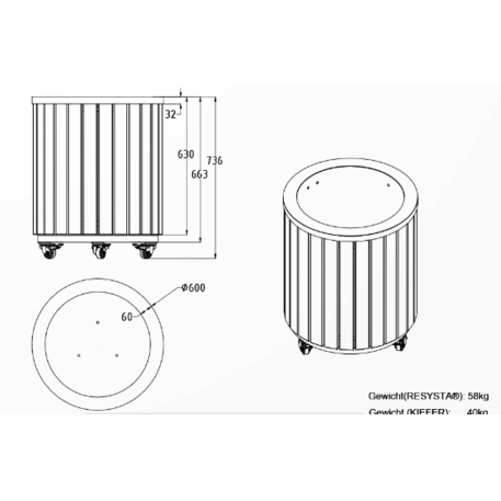 Metall-Pflanzkübel aus Edelstahl mit Holzverkleidung 'Ø60xxH/66,3/73,6cm / MS-317'