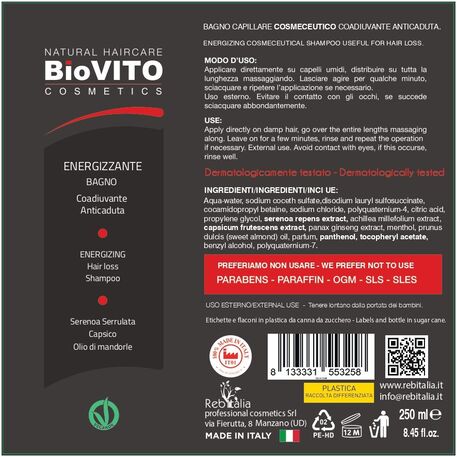  BiOVITO Cosmetics / Rebitalia’ Bio Natural Energizzante Set Anti-Hairloss, Energetisches Set gegen Haarausfall mit Serenoia-Palmextrakt, Pfeffer, Mandelöl